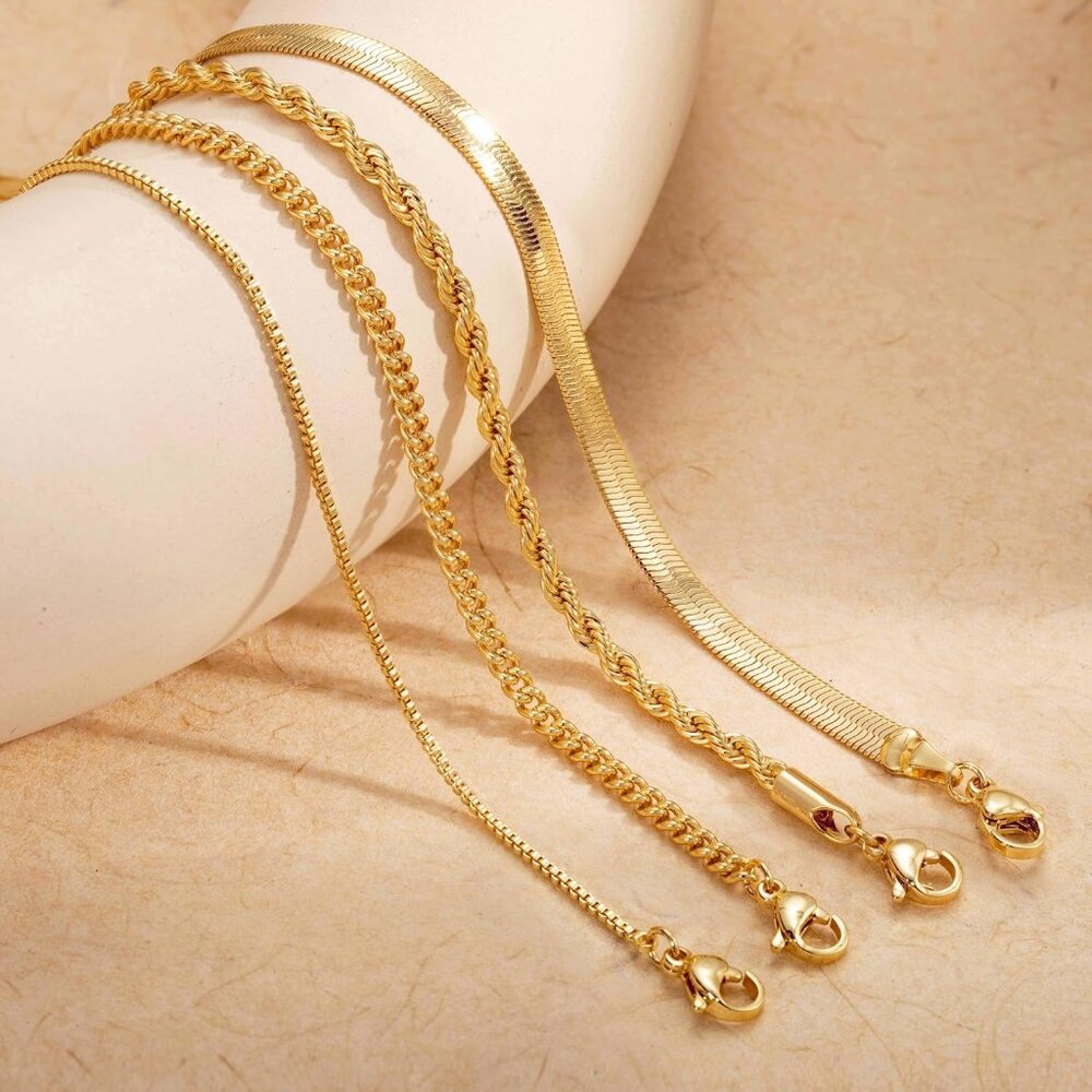 Layered Necklaces for Women Non Tarnish- Chunky 14k Gold Plated Herringbone/Snak - Picture 8 of 8
